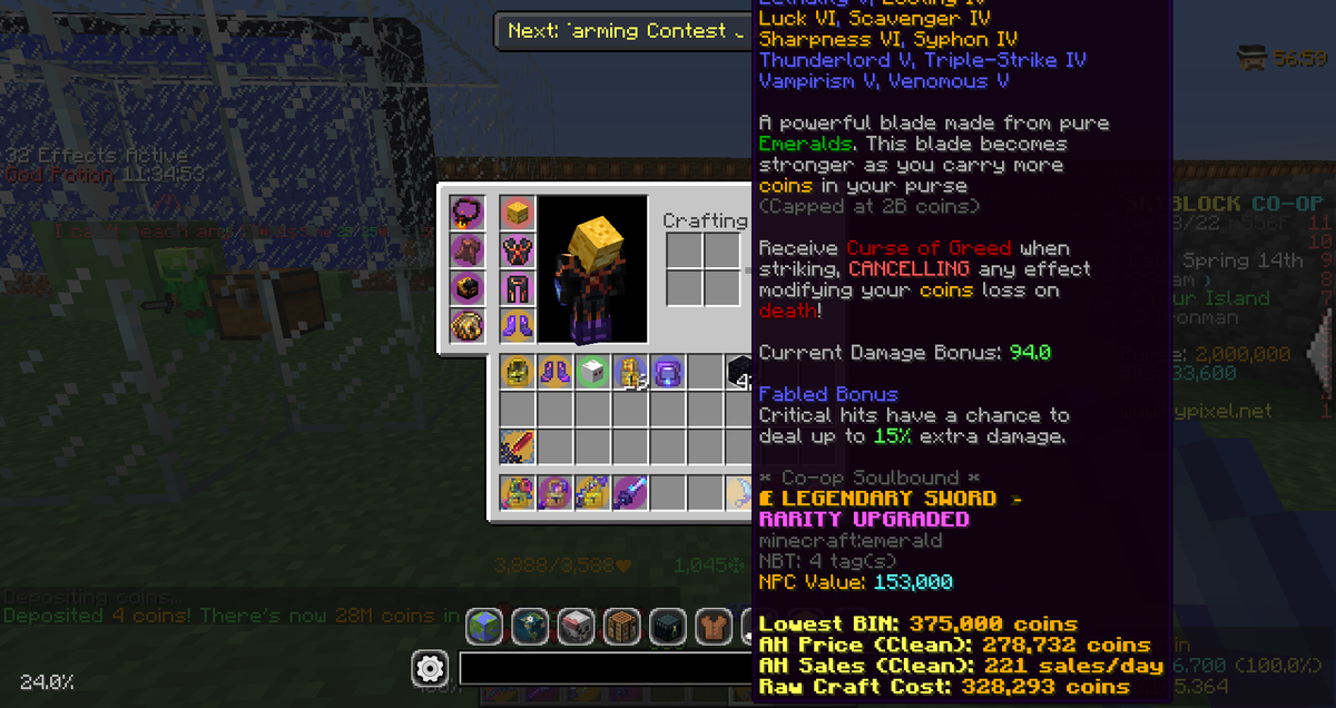 SkyBlockToday's tweet photo. The emerald blade is capped at 2m coins (with a bonus damage cap of 94)

Thanks @D1stractor for the report! https://t.co/flY7qUCTLL