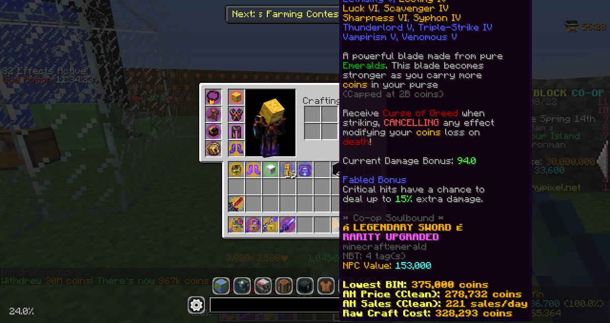 SkyBlockToday's tweet photo. The emerald blade is capped at 2m coins (with a bonus damage cap of 94)

Thanks @D1stractor for the report! https://t.co/flY7qUCTLL