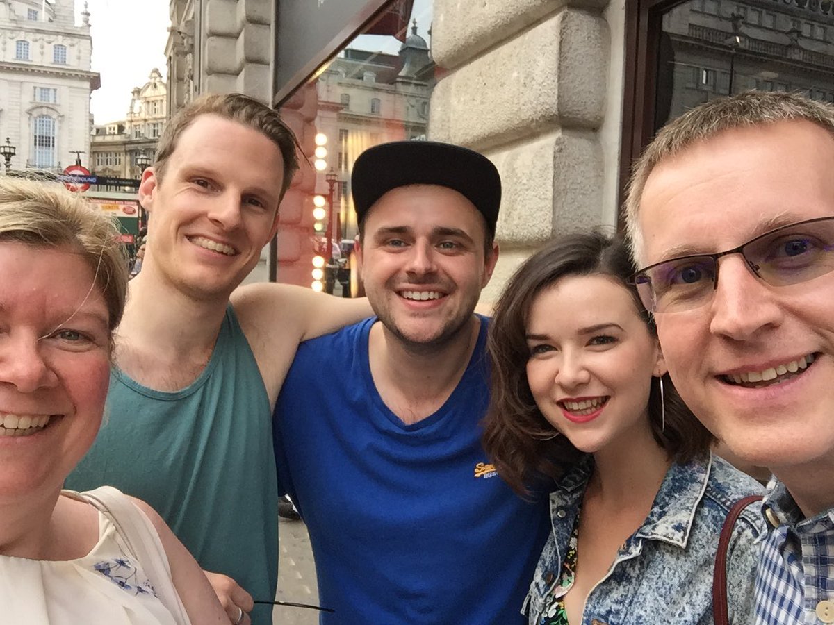 NOD134's tweet photo. @chrisleask @juliahlsmith Was at the matinee performance of Good Luck Studio today Saturday 08/10. My sides are still hurting from laughing so much especially you trying to open the door with 2 broken hands 😂😂 We got to meet you after I believe the Bank Robbery. Thank you https://t.co/c68pG8M4Q8