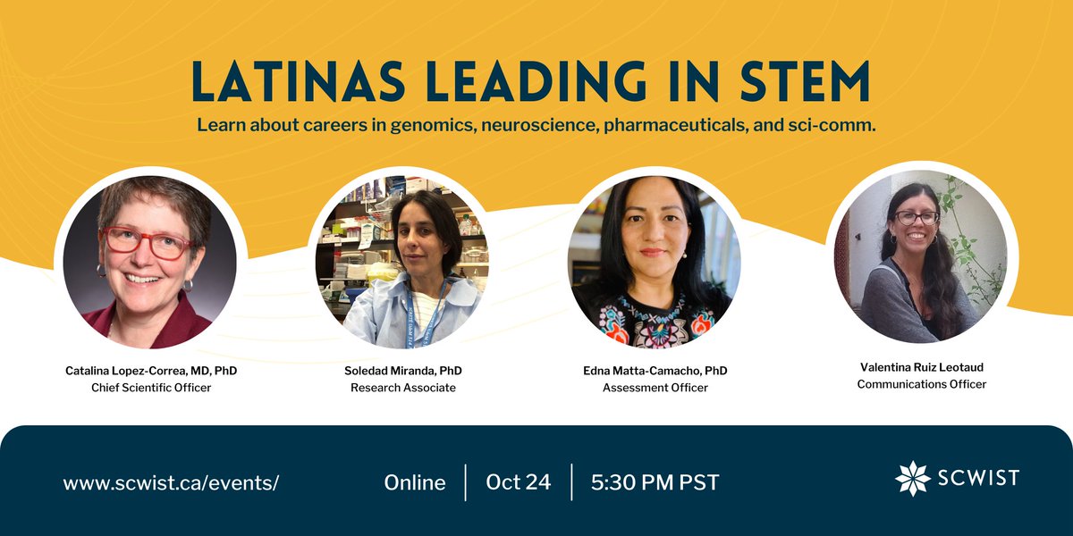 SCWIST's tweet photo. Are you a #LatinAmerican #WomanInSTEM? Connect with a group of Latinas leading in science on Oct 24 at 5:30 pm PST. Free sign-up: https://t.co/acerQtRBhR #SCWISTEvents https://t.co/traozYIbh7