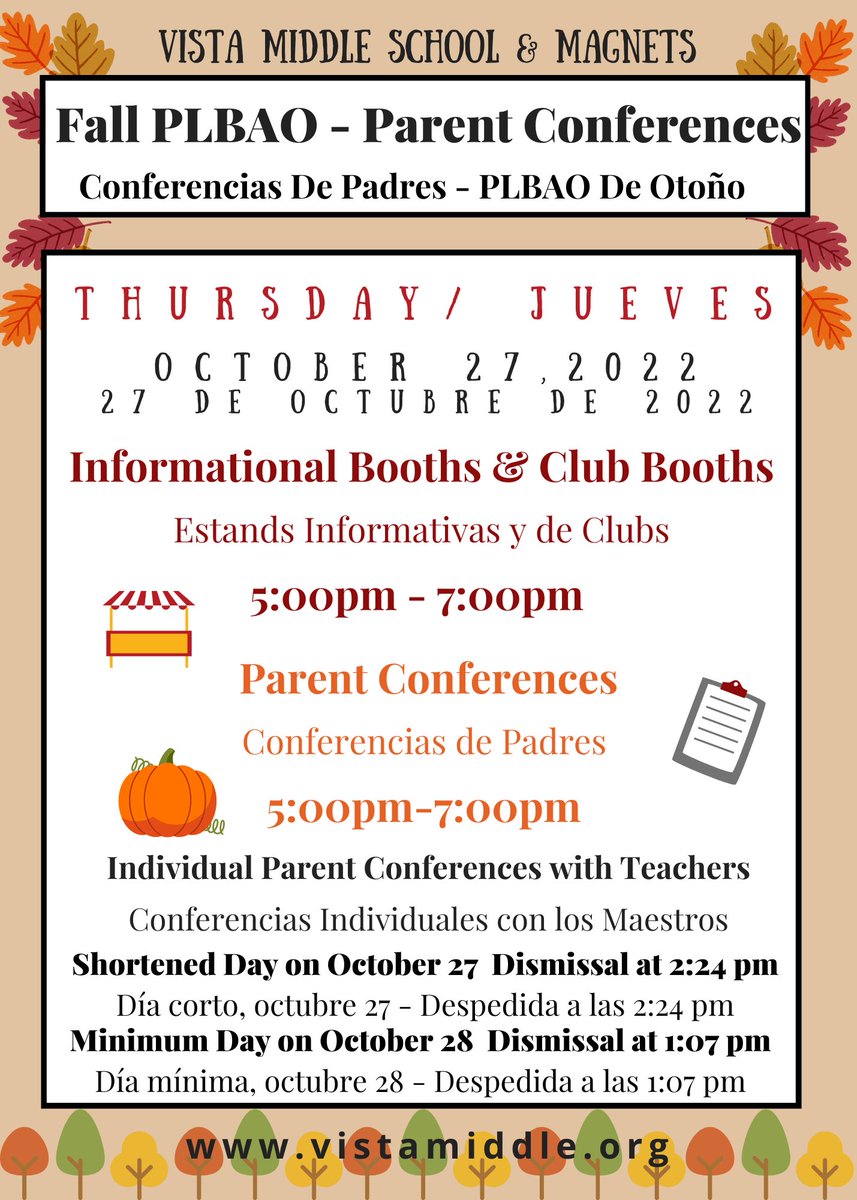 vistamiddle's tweet photo. π£Save the Date - inviting all #families to participate in our fall PLBAO π£οΈπ#ParentConference Evening! #Engagement β¨#collaboration @mspdamonte @PanoramaCOS @LDNESchools @Kelly4LASchools @VistaMagnets https://t.co/RFnmdseB70