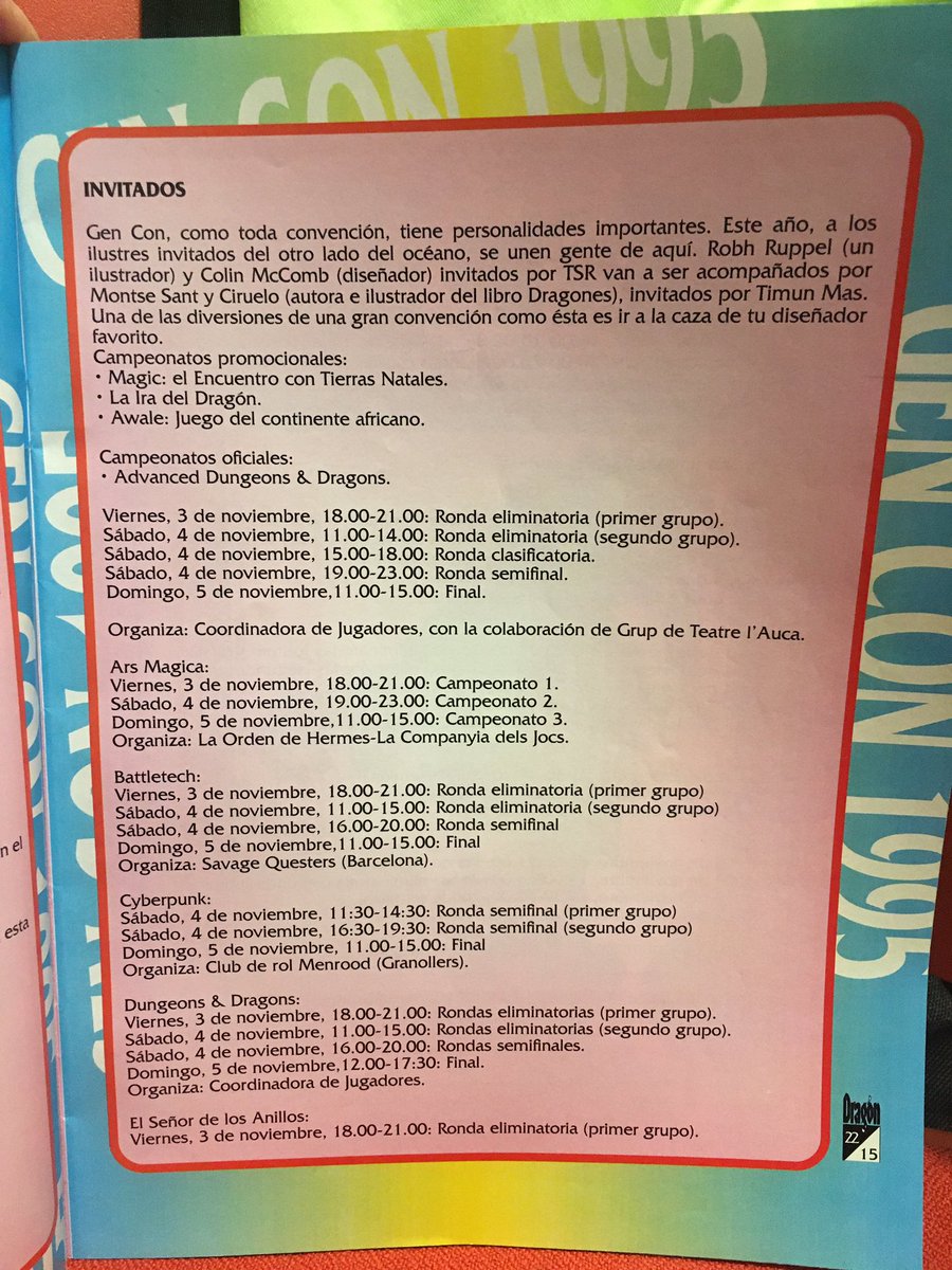 Mike38331571's tweet photo. En octubre se hace 27 años la revista Dragón nos adelantaba la agenda de un encuentro muy esperado GEN CON 1995. In October, 27 years ago, the magazine Dragon announced the agenda of a long-awaited meeting GEN CON 1995 #rol #DnD https://t.co/heXwIuS9q3