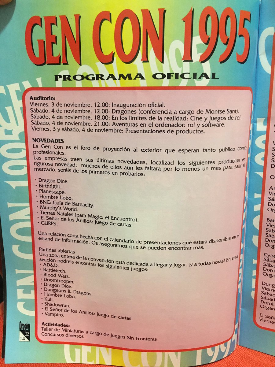 Mike38331571's tweet photo. En octubre se hace 27 años la revista Dragón nos adelantaba la agenda de un encuentro muy esperado GEN CON 1995. In October, 27 years ago, the magazine Dragon announced the agenda of a long-awaited meeting GEN CON 1995 #rol #DnD https://t.co/heXwIuS9q3