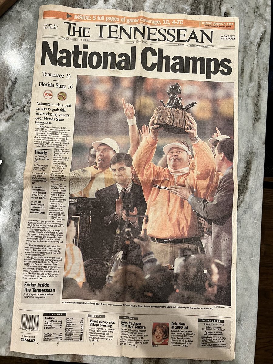 BambooBriley's tweet photo. My father-in-law found this newspaper from Tuesday, January 5th 1999. Gave it to me yesterday… Then the Vols go down and pour it on LSU today… Setting up an massive showdown in Knoxville next weekend. I mean… is it 98’? #ItsFootballTimeInTennessee #GoVols https://t.co/iSGJGqZx0f