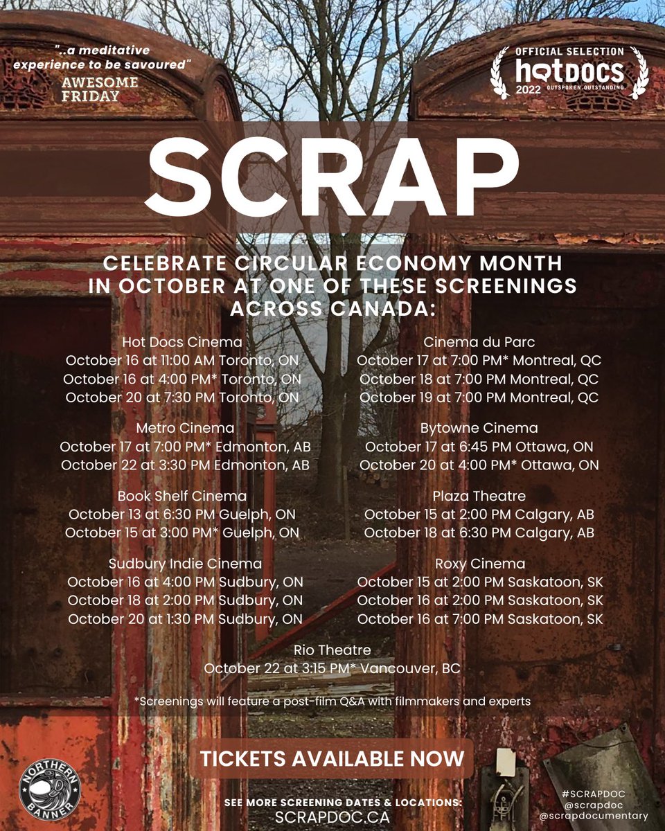 Next weekend @Scrapdoc premieres across Canada with special guests joining in Toronto, Montreal and Edmonton for an excl discussion around the film, right to repair/reuse &amp; the circular economy. Plus the Director will be in Ottawa, Guelph and Vancouver too! See u there! #Scrapdoc