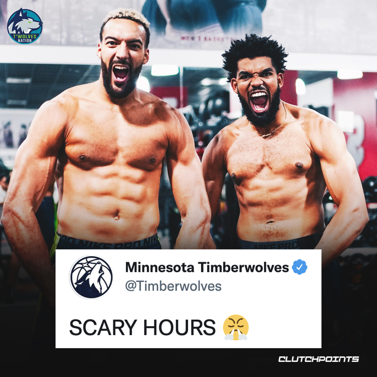 TWolvesNationCP's tweet photo. Rudy Gobert and Karl-Anthony Towns are in the lab! 💪

Which one of our big fellas do you think bench heavier? https://t.co/y6fJkGKNdY