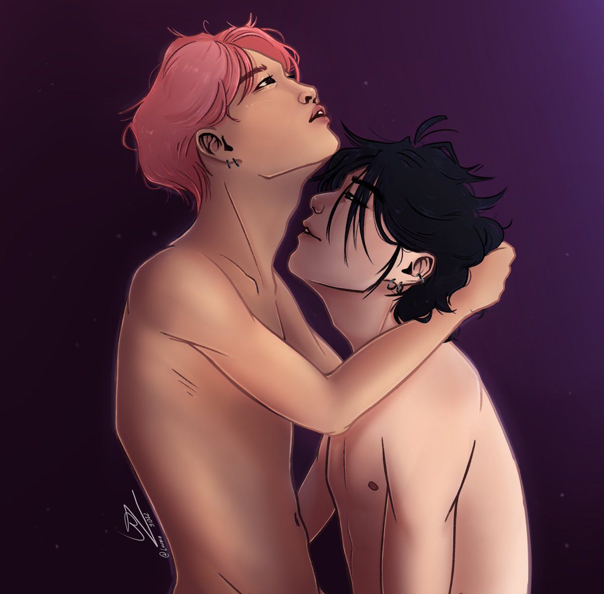 Luumin_Draws's tweet photo. Hello, I’m actually alive! And holly shit there’s already 600 of you? :o 

Thank you so so much 💜💜💜

I finally drew something new. (I’m having trouble adjusting to procreate and it’s brushes so I might go back to sai) 

#yoonmin https://t.co/UeowFgESSw
