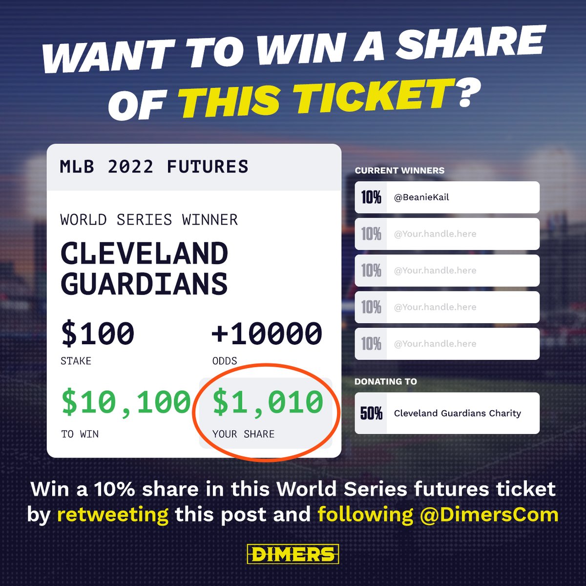 GET A SLICE OF 10K! 🔥

The Guardians are through to the ALDS and we're giving away a 10% share of our World Series ticket!

To enter:
1️⃣ Follow <a href="/DimersCom/">Dimers</a>
2️⃣ RT this tweet

Entries close 12AM ET tonight! 1 person drawn at random tomorrow morning.

TERMS ➡️dime.rs/ws-futures