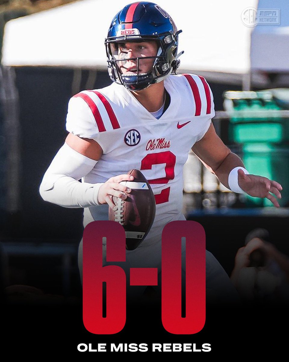 SECNetwork's tweet photo. Jaxson Dart: 448 Pass Yds, 3 TD

Jonathan Mingo: 247 Rec Yds, 2 TD

No. 9 @OleMissFB: 6-0 🔥 https://t.co/DvXmakBXST
