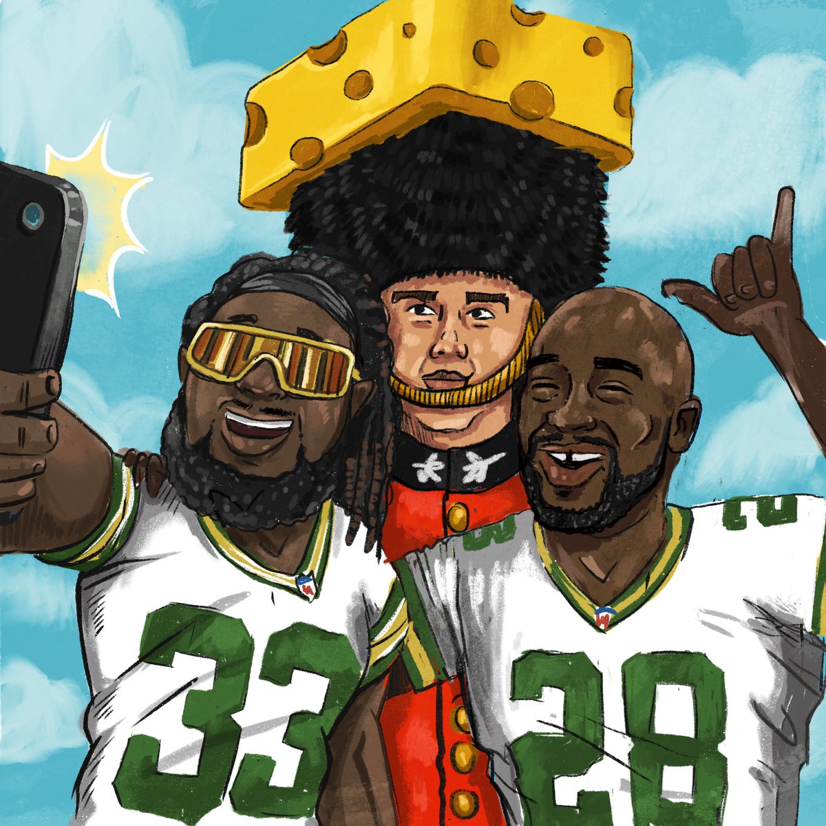 LeapsOfLogic's tweet photo. AJ and Aaron are adding a little thunder and lightning to the tea party across the pond. We always thought the King's Guard could use a little green and gold! 🧀🧀🧀

#packers #gopackgo #cheesehead #greenbaypackers #nfl #nfllondon #nflfootball #football #illustration #london https://t.co/UeMbApwZ8g