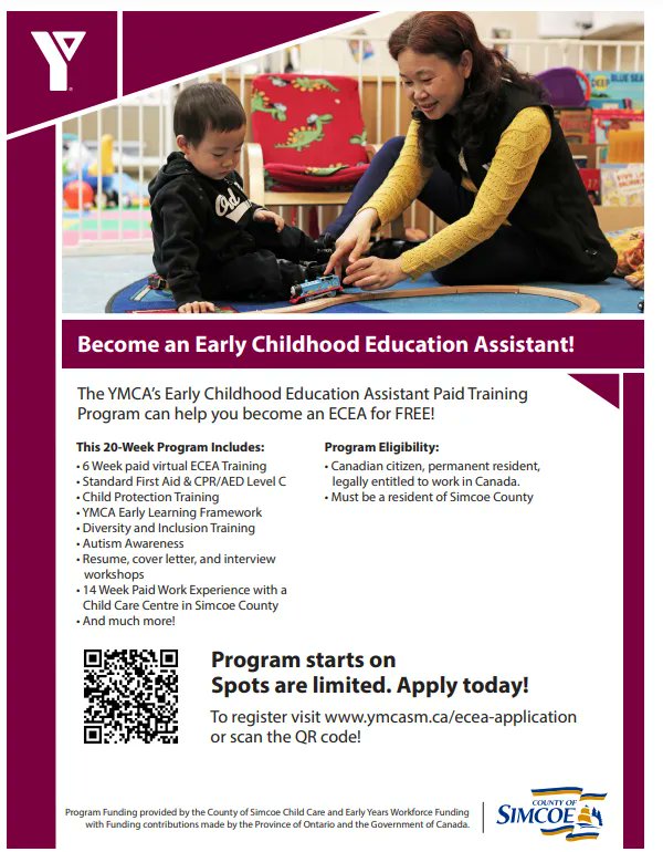 Are you over the age of 30 and looking to get into the childcare sector? Join our paid training program to become an Early Childhood Education Assistant today!

Our next program starts on  October 24th. Spots are limited,  so apply now! 

ymcasm.ca/ecea-applicati…