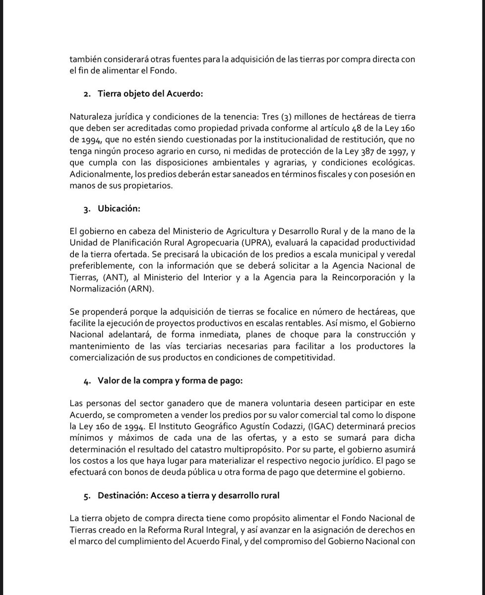 ricarospina's tweet photo. Atentos: Esta es la “almendra” del acuerdo entre el gobierno del Pte @petrogustavo y @Fedegan para la adquisición de tres millones de hectáreas de tierra fértil. El pago será según avalúo comercial y Catastro Multipropósito y los recursos provendran de bonos de deuda pública. https://t.co/AQtqPaBy6v
