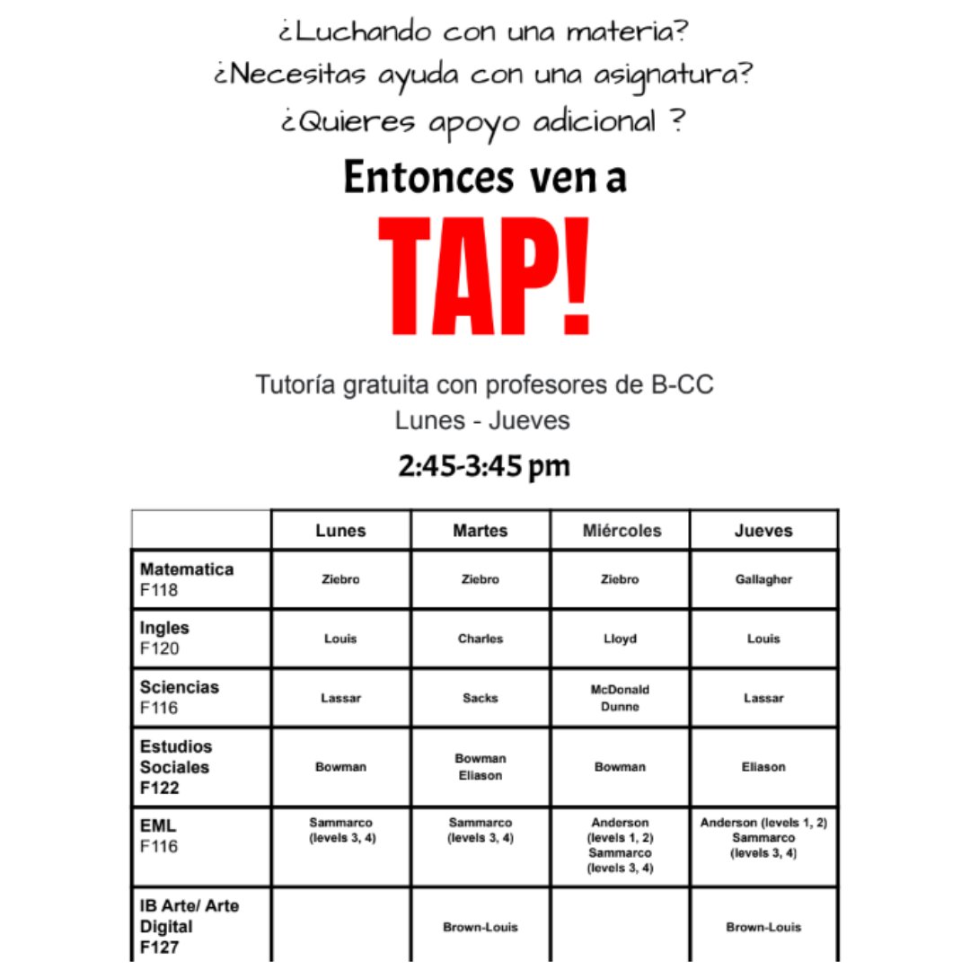 OfficialBCCHS's tweet image. Did you know that Time for Academic Progress (TAP) started last week? Be sure to swing on by. We are supporting more subjects than ever before this year! @bccsga23 @bccsga24 @bccsga2025 @BCCSGA