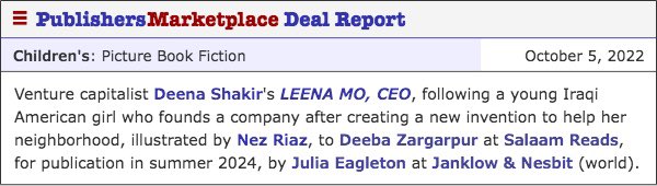 deenashakir's tweet photo. It’s official… 

My first children’s book, LEENA MO, CEO, will be hitting the shelves in 2024!

Illustrated by @NezRiaz and published by @SimonKIDS, the book tells the story of a young girl who builds a robot to help her family and neighbors and ends up building a company. https://t.co/sCT8yj8rS9