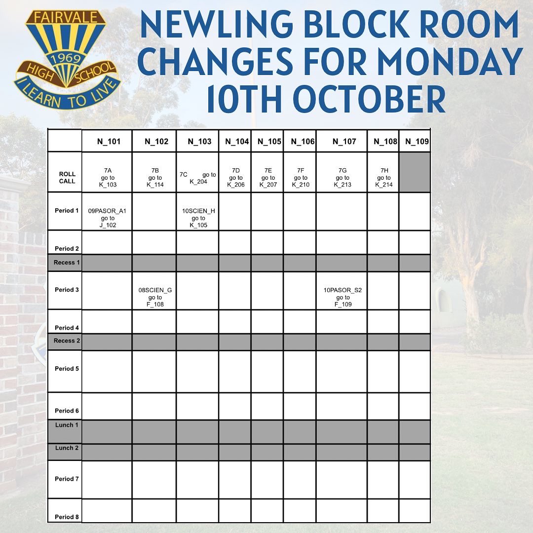 We look forward to starting our final term for the 2022 academic year! 

Due to the wet weather there will be no whole school assembly on Monday morning. All students (Years 7-11) go to roll call on Monday 10th October- with some room changes for Newling &amp; Wright blocks.