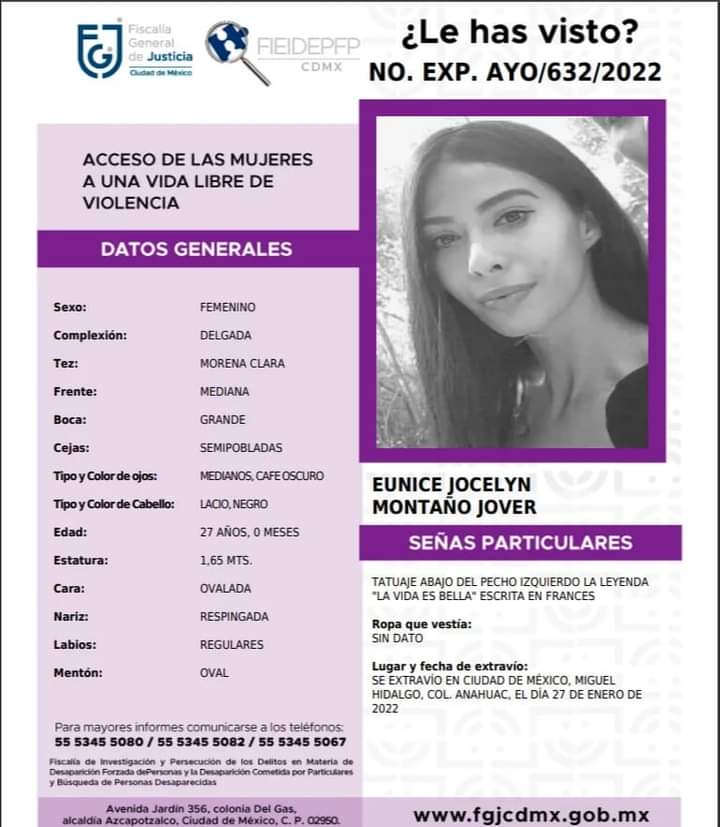 jennebith's tweet photo. Pido su apoyo para darle difusión a esta ficha de búsqueda, posible víctima de trata. Trabajaba a en Hooters Polanco. Urge difusion 🙏 Hasta encontrarte Eunice Jocelyn Montaño Jover. #NiUnaMenos    #SeBusca #Cdmx #Edomex @FGRMexico @GobiernoMX @PDI_FGJCDMX https://t.co/FgAHYHY27J