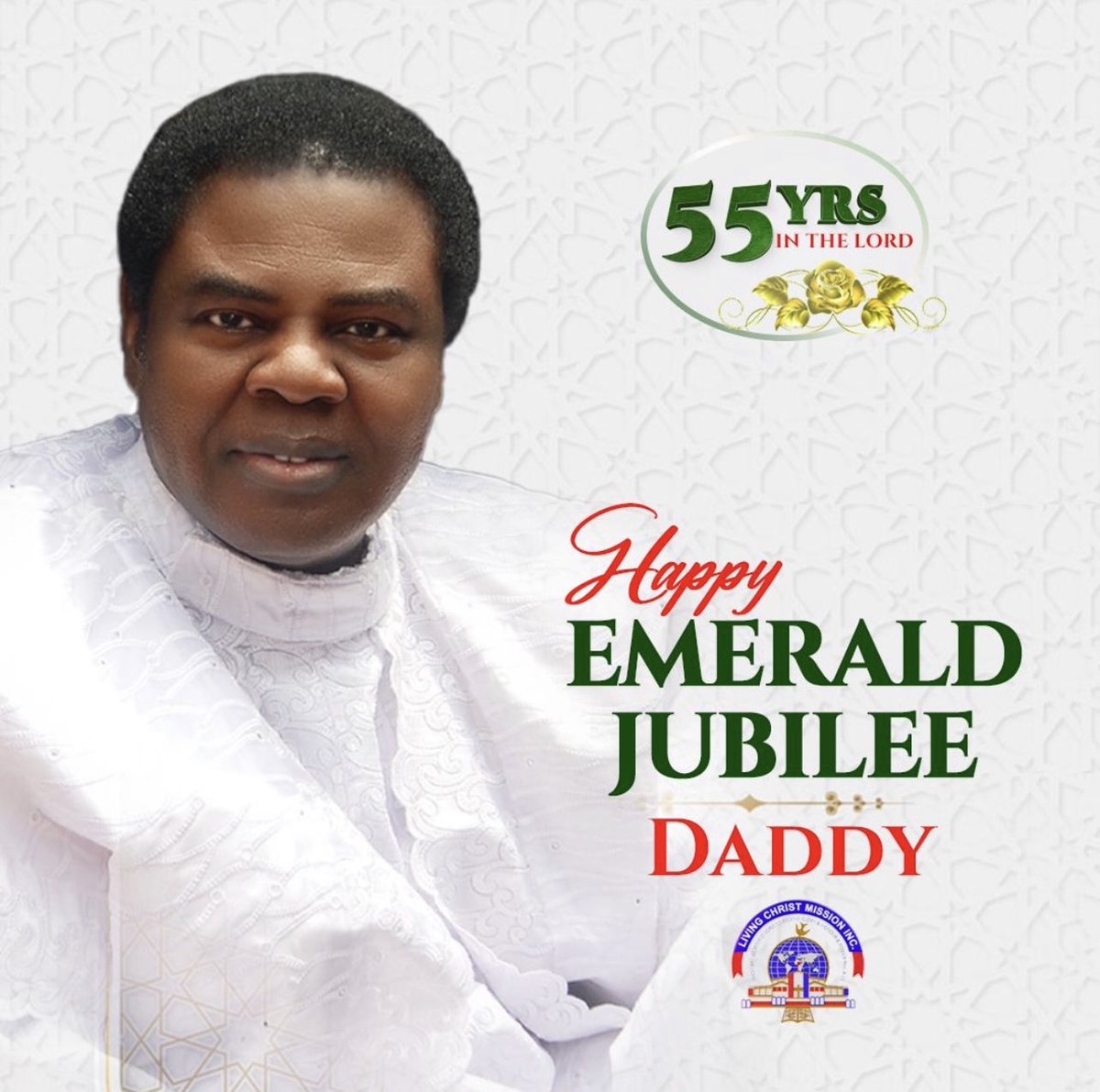 LivingChristLCM's tweet photo. Happy Emerald Jubilee to His Grace, The Most Rev. Prof Daddy Hezekiah MFR

We thank God for your continued stainless &amp; selfless service to God and humanity.

Thank you Daddy!!!

#LivingChristMission 
#DaddyHezekiah
#HezekiahUniversity
#Unihez https://t.co/s1t1DEzrvs