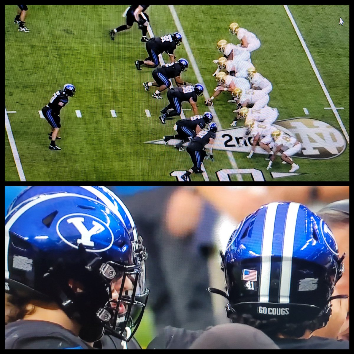 Giving <a href="/BYUfootball/">BYU FOOTBALL</a> another watch &amp; I must say... their uniform game is on point tonight, baby!

Blackout night with a cool nod/fade to tradition at top of helmet. 100% they were pumping AC/DC Back in Black in the locker room.
@ByuTracker <a href="/BYUCougars/">BYU Cougars</a> #BYUVsNotreDame #BYU