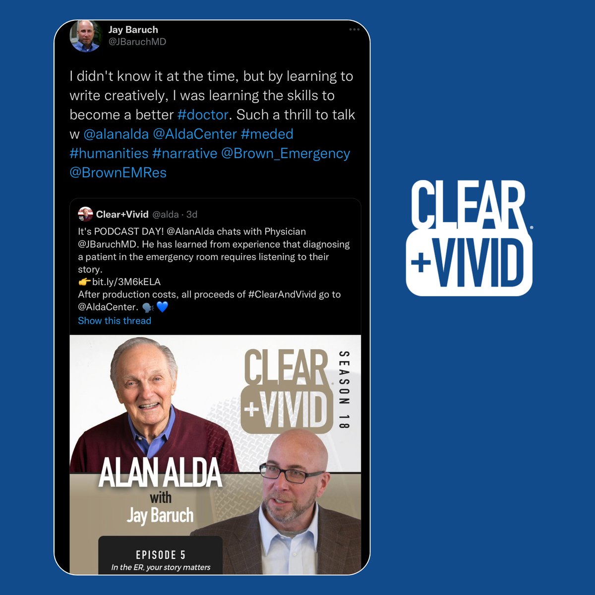 Have you listened to this week's episode of #ClearAndVivid featuring physician @JBaruchMD? Diagnosing a patient in the emergency room requires listening to their story. 👉 bit.ly/3M6kELA After production costs, all proceeds of #ClearAndVivid go to @AldaCenter. 🗣️💙