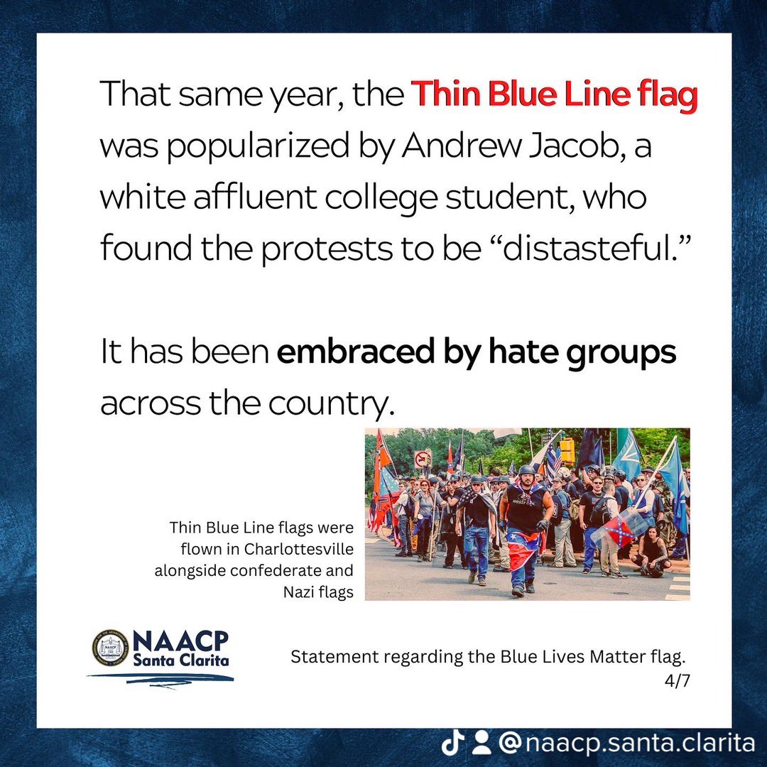 SCVNAACP's tweet photo. NAACP Santa Clarita’s statement on the Blue Lives Matter flag. 1/2 https://t.co/X43r0OrqjN