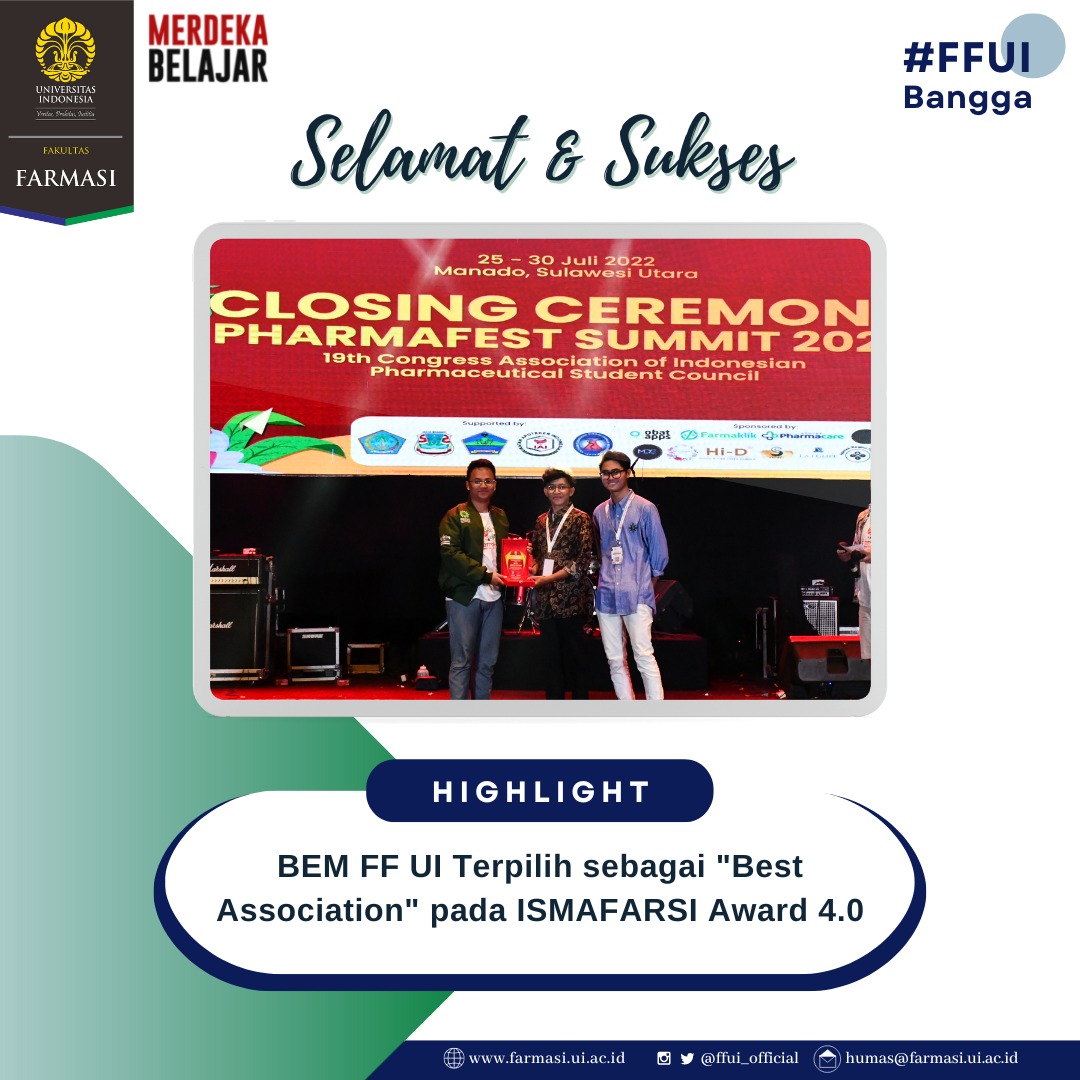 ffui_official's tweet photo. [FF UI BANGGA]

Selamat &amp; sukses kepada BEM FF UI yang telah meraih penghargaan sebagai “Best Association" pada ISMAFARSI Award 4.0 yang diselenggarakan oleh ISMAFARSI Nasional.

Terus berkarya, dan berikan yg terbaik!🏅 @BEMFFUI

#FFUIBangga
#FakultasFarmasiUI
#FFUI https://t.co/WE5nG6oqAU