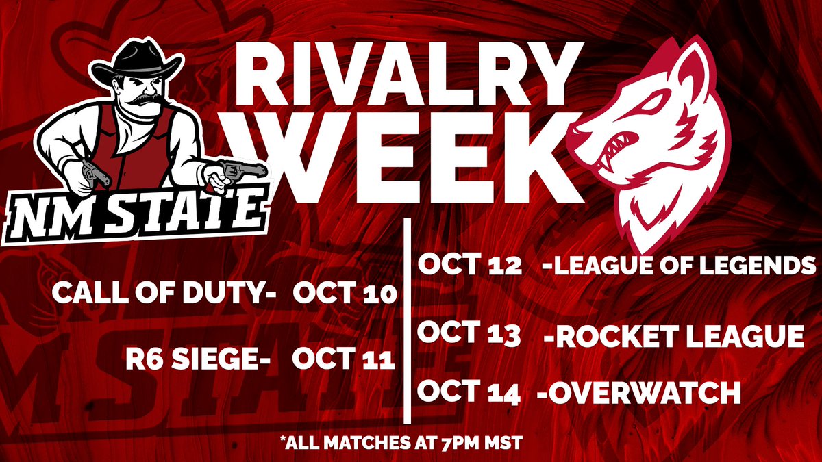 NM State Esports (@nmstateesports) on Twitter photo 🚨Rivalry Week is here #AggieNation🚨
Here's the schedule for all of our upcoming matches this week vs <a href="/UNMEsports/">UNM Esports</a>! We will be facing them in six different Esports titles at 7PM every night leading up to the <a href="/NMStateFootball/">New Mexico State Football</a> vs <a href="/UNMLoboFB/">New Mexico Football</a> game on Saturday the 15th! #GoAggies 🚨Rivalry Week is here #AggieNation🚨
Here's the schedule for all of our upcoming matches this week vs <a href="/UNMEsports/">UNM Esports</a>! We will be facing them in six different Esports titles at 7PM every night leading up to the <a href="/NMStateFootball/">New Mexico State Football</a> vs <a href="/UNMLoboFB/">New Mexico Football</a> game on Saturday the 15th! #GoAggies