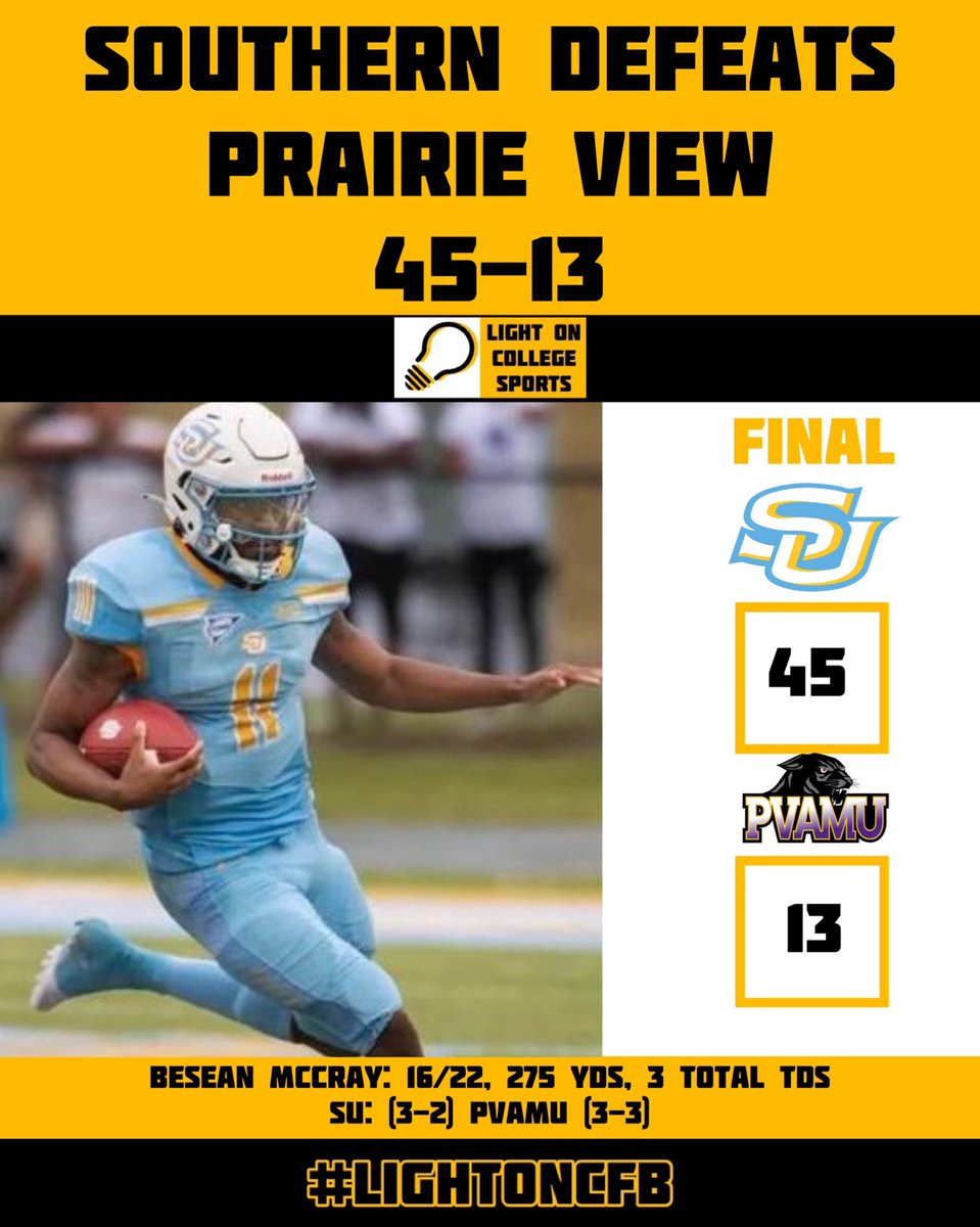 FCS Final: Southern Defeats Prairie View 45-13.
BeSean McCray: 16/22, 275 Yds, 3 Total TDs 
(<a href="/GeauxJags/">Southern University Football</a> <a href="/BeSean_02/">.11</a> )
