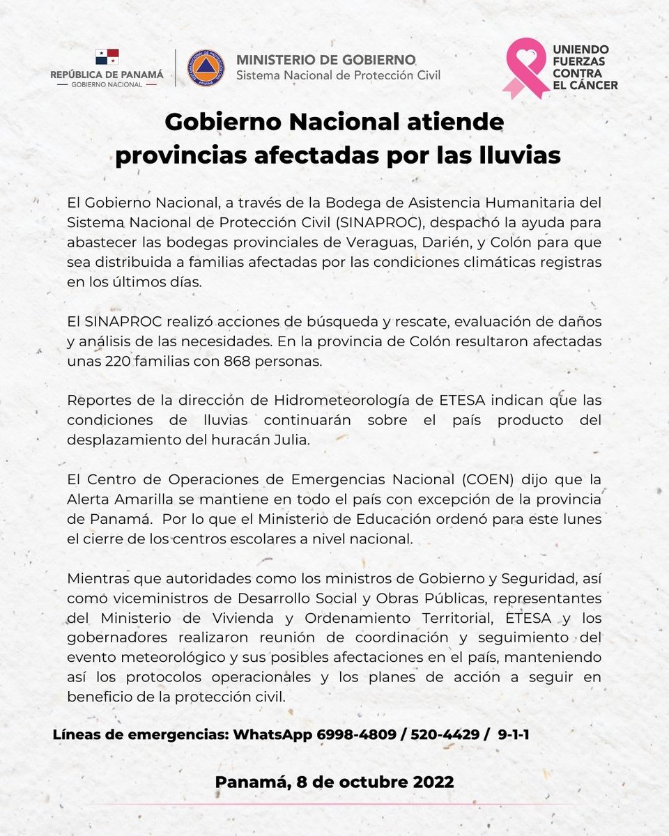 Sinaproc_Panama's tweet photo. Gobierno Nacional atiende provincias afectadas por las lluvias. #TrabajandoPorPanamá https://t.co/rSxUzp4Q49
