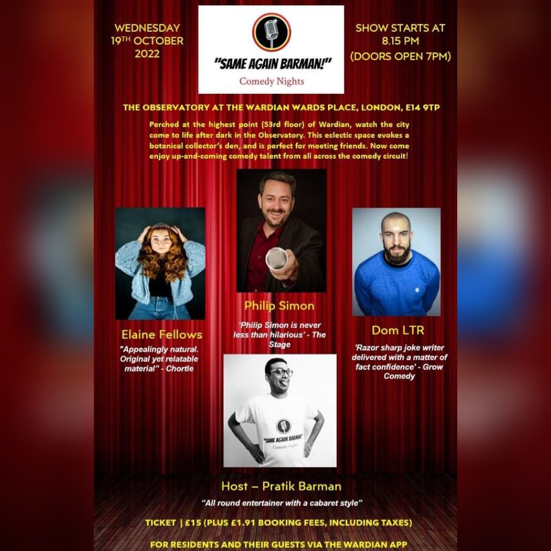 sameagainbarman's tweet photo. Line up for Same Again Barman, Comedy Nights, The Observatory Bar (53rd floor) at The Wardian. Peace ❤️ https://t.co/A0cSzIqm4H