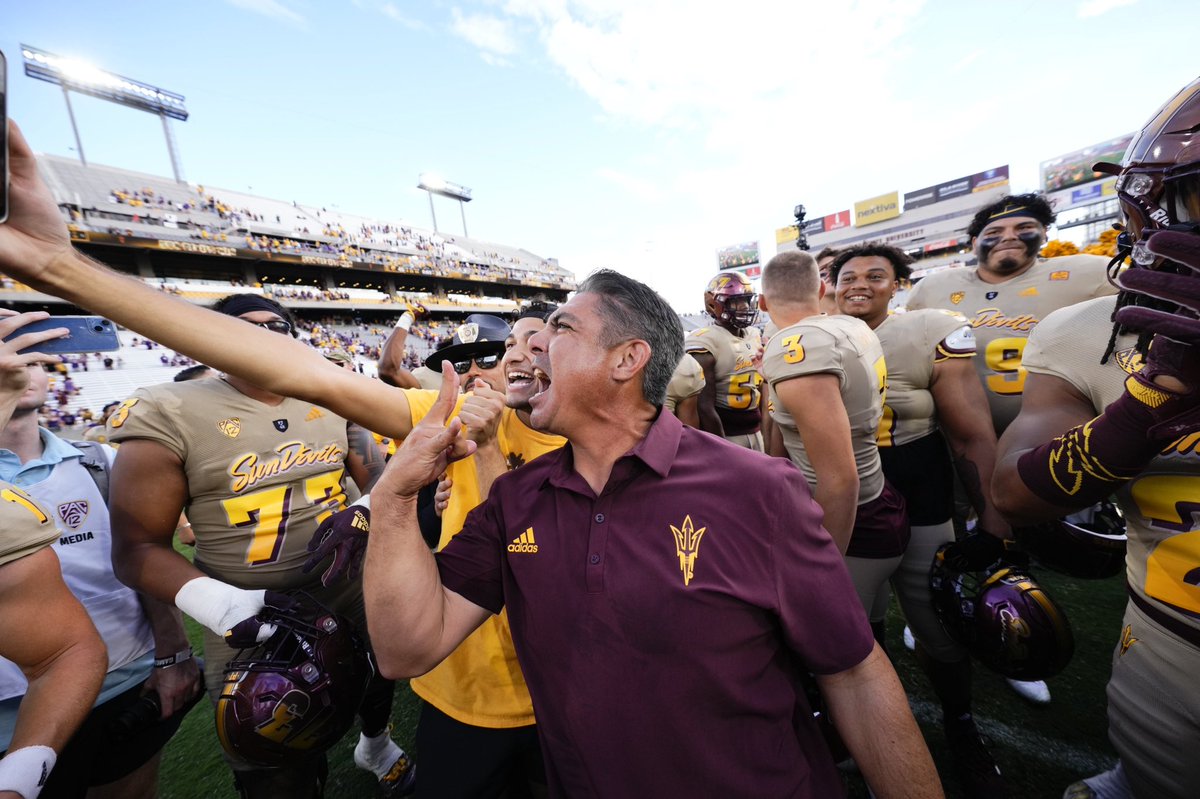 ASUFootball's tweet photo. Taking it all in ❤️‍🔥

Congratulations on your first win @aguanos 😈

#ForksUp | #O2V https://t.co/UAD9KgeOfn