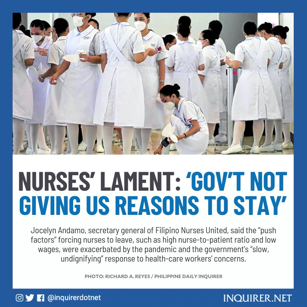Last week, Health Undersecretary Maria Rosario Vergeire said the Philippines now has a “shortage” of about 106,000 nurses.

To address the drain of nursing professionals, the DOH is proposing to retain the 7,000 annual deployment cap for new-hire medical workers abroad.