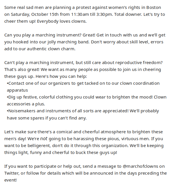 marchofclowns's tweet photo. In response to the Men's March against abortion in Boston on Oct 15, we will be conducting a clown march! See the image for details. https://t.co/UgrnaRklxD
