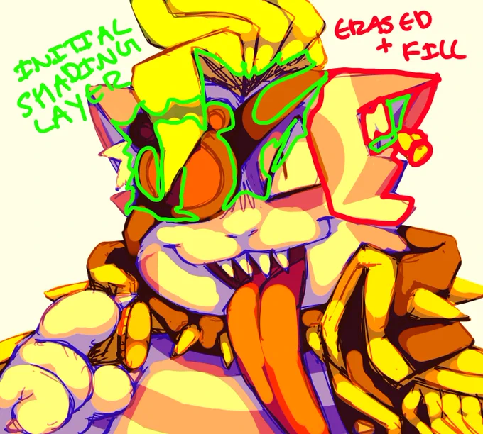 get a new shading layer and colour the whole thing in that sketch colour. erase areas of the drawing where light would be more prominent, then select these blank spots, get ANOTHER new layer and fill them in to be the lightin, i tend to use oranges but again it depends on setting 