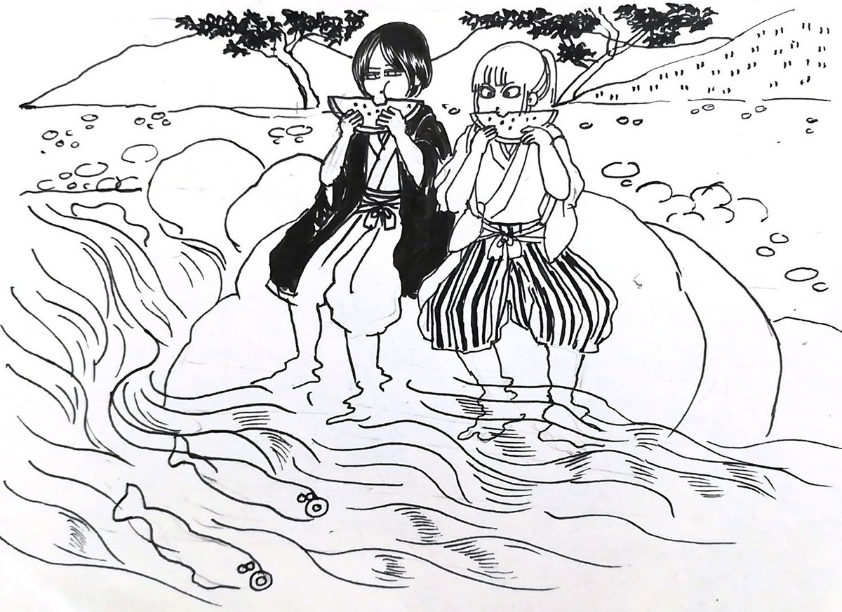 もう夏終わったのに スイカ🍉 脱線漫画は アナログに未練があるから、アナログでやろう。文字も手書きにして・・。修正液の出番、もしくはセリフの所は上から、紙を貼ろうかな。 1枚目 デジタルでトーンセリフ入れ 2枚目完全アナログ スイカを食べる儚さんと 友達の世羅親王さん メンタル大事