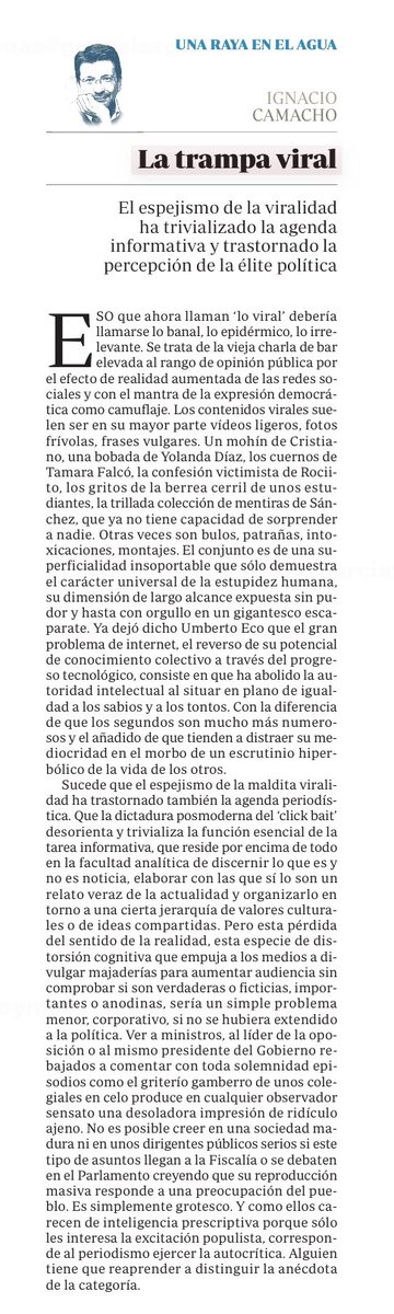Que me perdonen mis colegas del ABC por colgarla en abierto, pero es una columna demasiado importante. Habría que hacer un póster con ella y colgarlo, bien visible, en todas las redacciones. Porque lo de esta semana pasada ha sido un hito en el bochorno mediático.