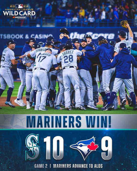 Mariners win! Final: Mariners 10, Blue Jays 9. Mariners advance to ALDS.