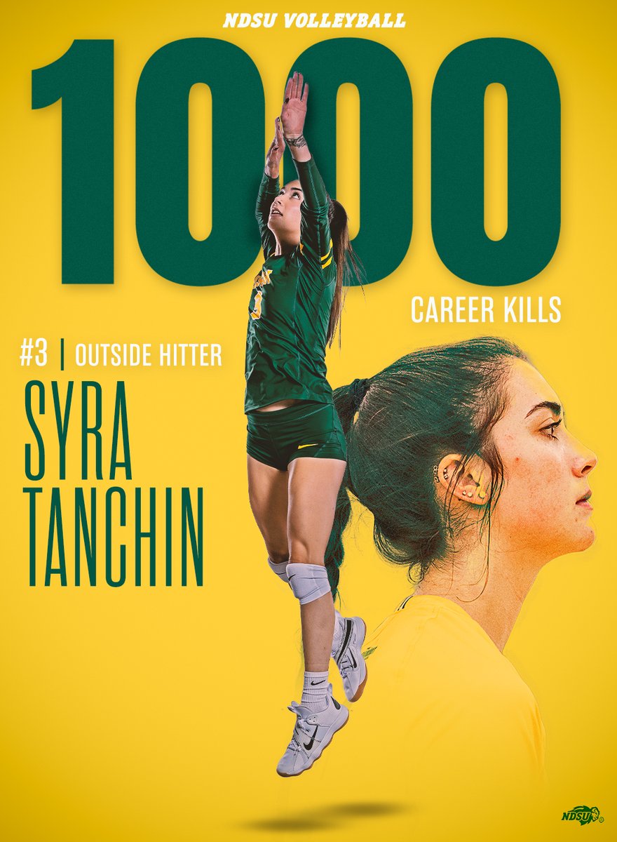 𝟭,𝟬𝟬𝟬 𝗖𝗮𝗿𝗲𝗲𝗿 𝗞𝗶𝗹𝗹𝘀 👏

Syra Tanchin has reached the 1,000 career kills mark and ranks 25th on the all-time list. She’s 1-of-8 players to reach the mark in the NDSU Division I era!

#GoBison