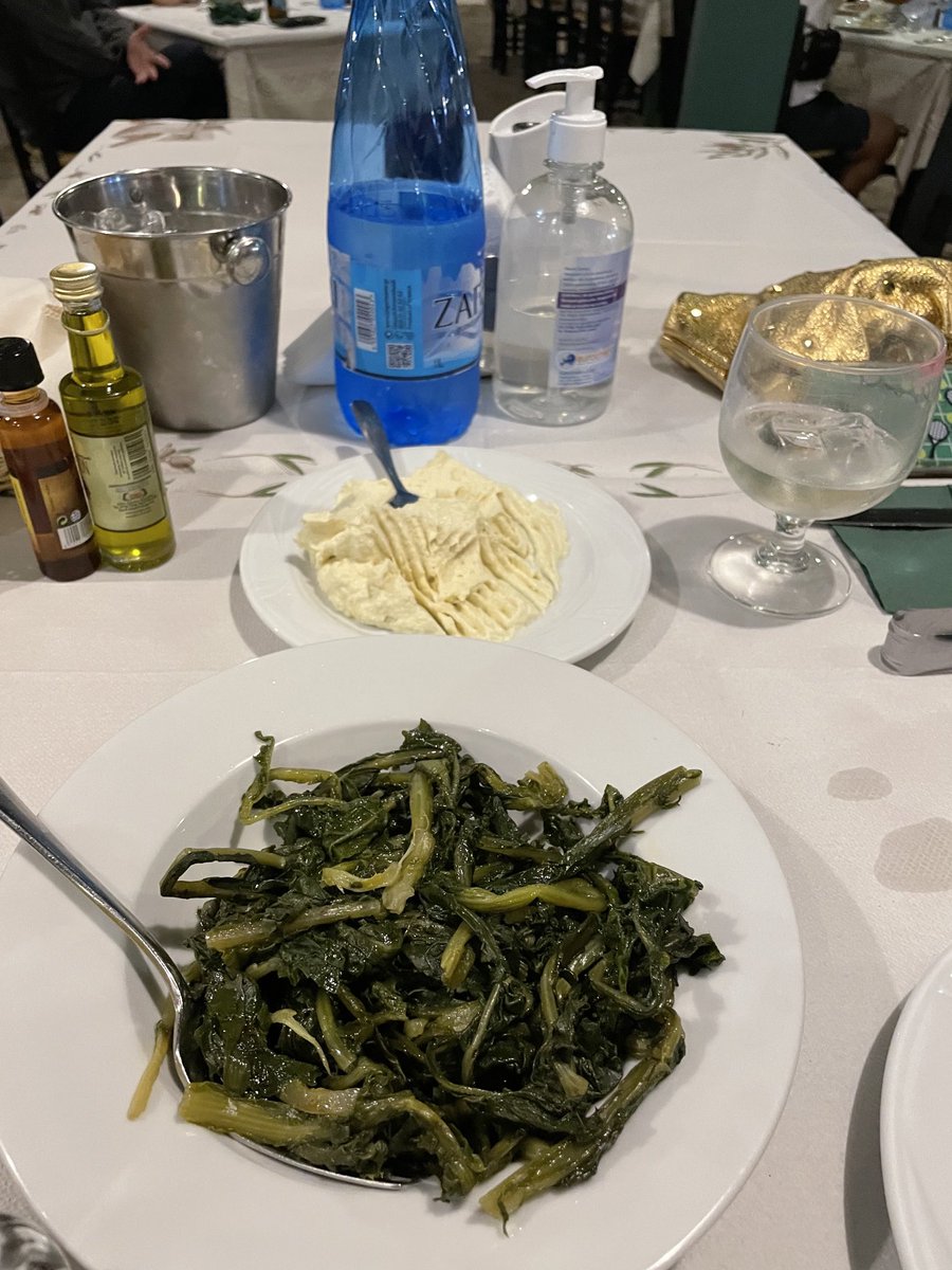 Rick_Stein's tweet photo. One of my enthusiasms in Greece is horta, wild greens always a bit bitter, boiled and dressed with olive oil and lemon. Dinner here at #Douskos on the island of Hydra. ⁦@sasstein⁩ and I just love good, simple Greek food. https://t.co/LFfmFX0jJQ