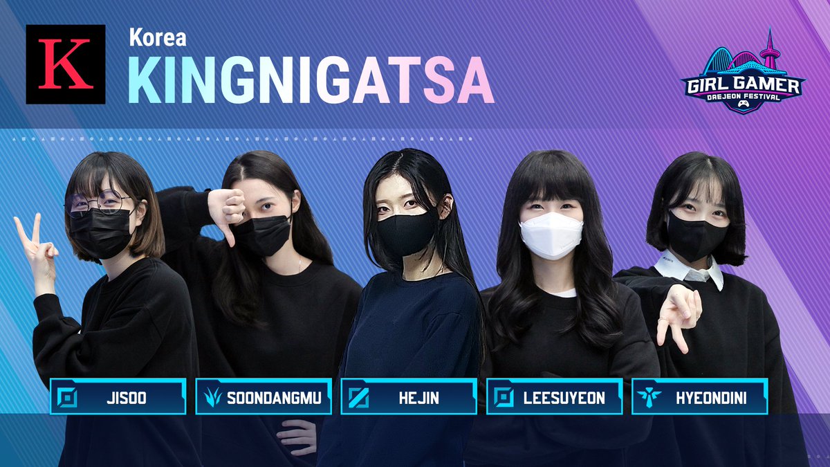 girlgamer's tweet photo. Meet team K from South Korea 🇰🇷!

🔝#jisoo
🌳#soondangmu
🧙#hejin
🏹#leesuyeon
⛑️#hyeondini

#girlgamer #girlgamerdaejeon #girlgamerfest #roxgaming https://t.co/DEw9j7VVFJ