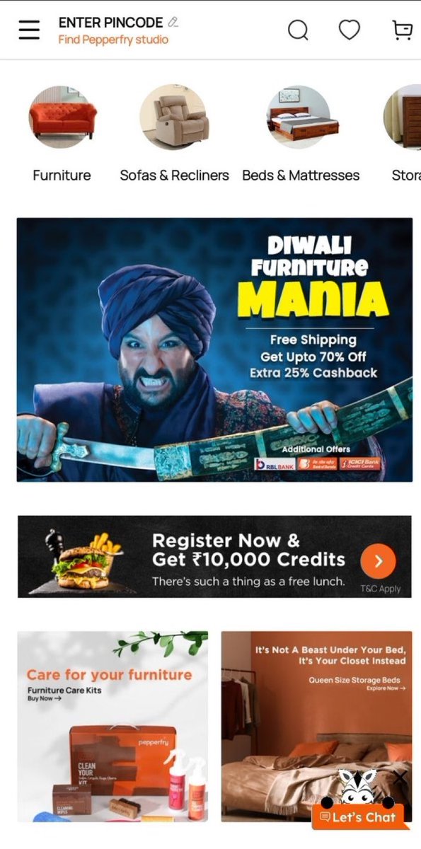 ShefVaidya's tweet photo. What a bizarre ad @Pepperfry. WHY would you choose a still of Saif Ali Khan as the murderous villain Uday Bhanu from Tanhaji to sell your furniture for a #Deepawali ad? What’s the connection? #NoBindiNoBusiness https://t.co/yX2f52yFCd