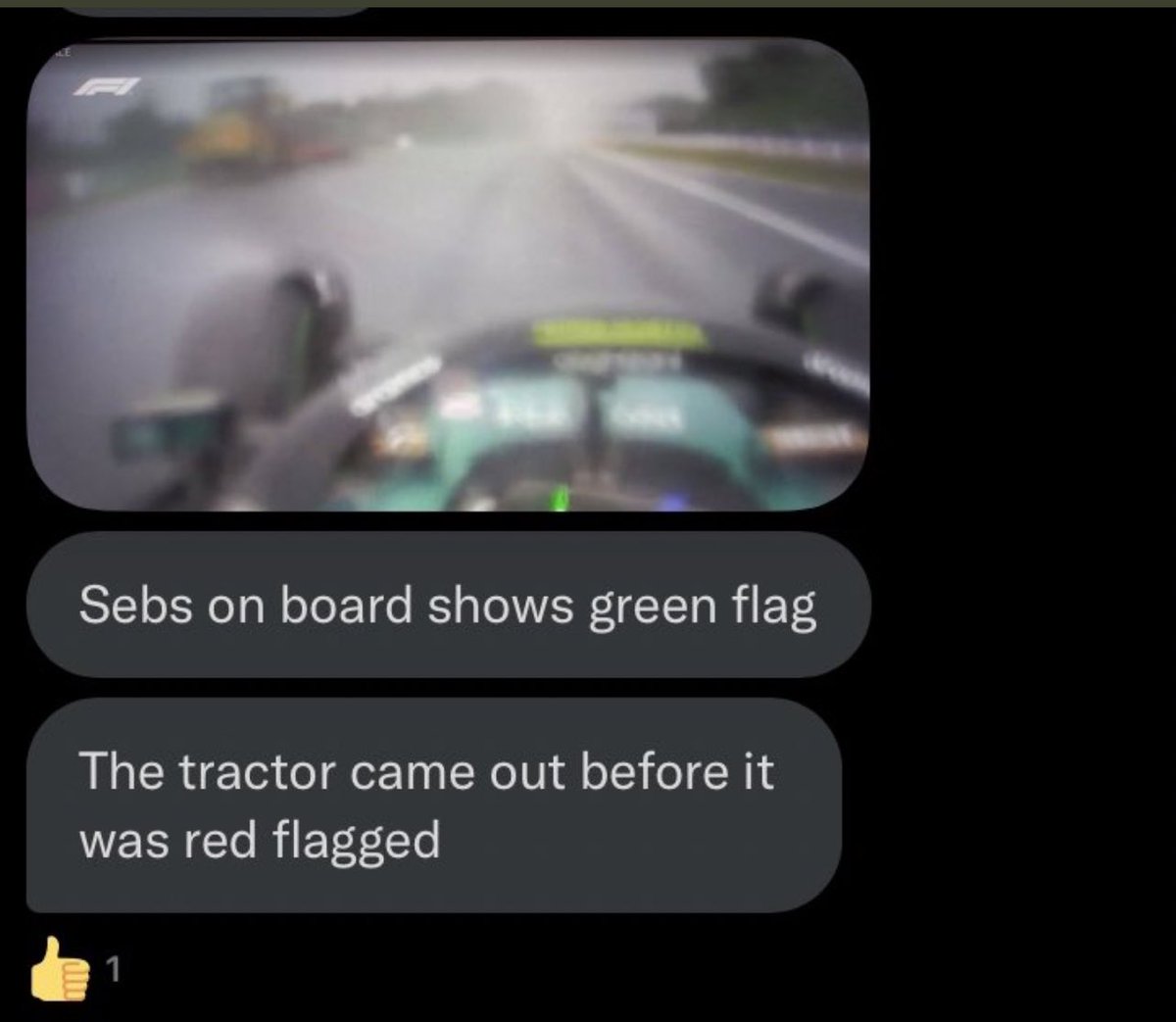 Michell50490875's tweet photo. #JapaneseGP #vettle #FIA what's the excuse for seb passing tractor on green ! #skysportsf1 @askcrofty https://t.co/ES8Xl94gg4