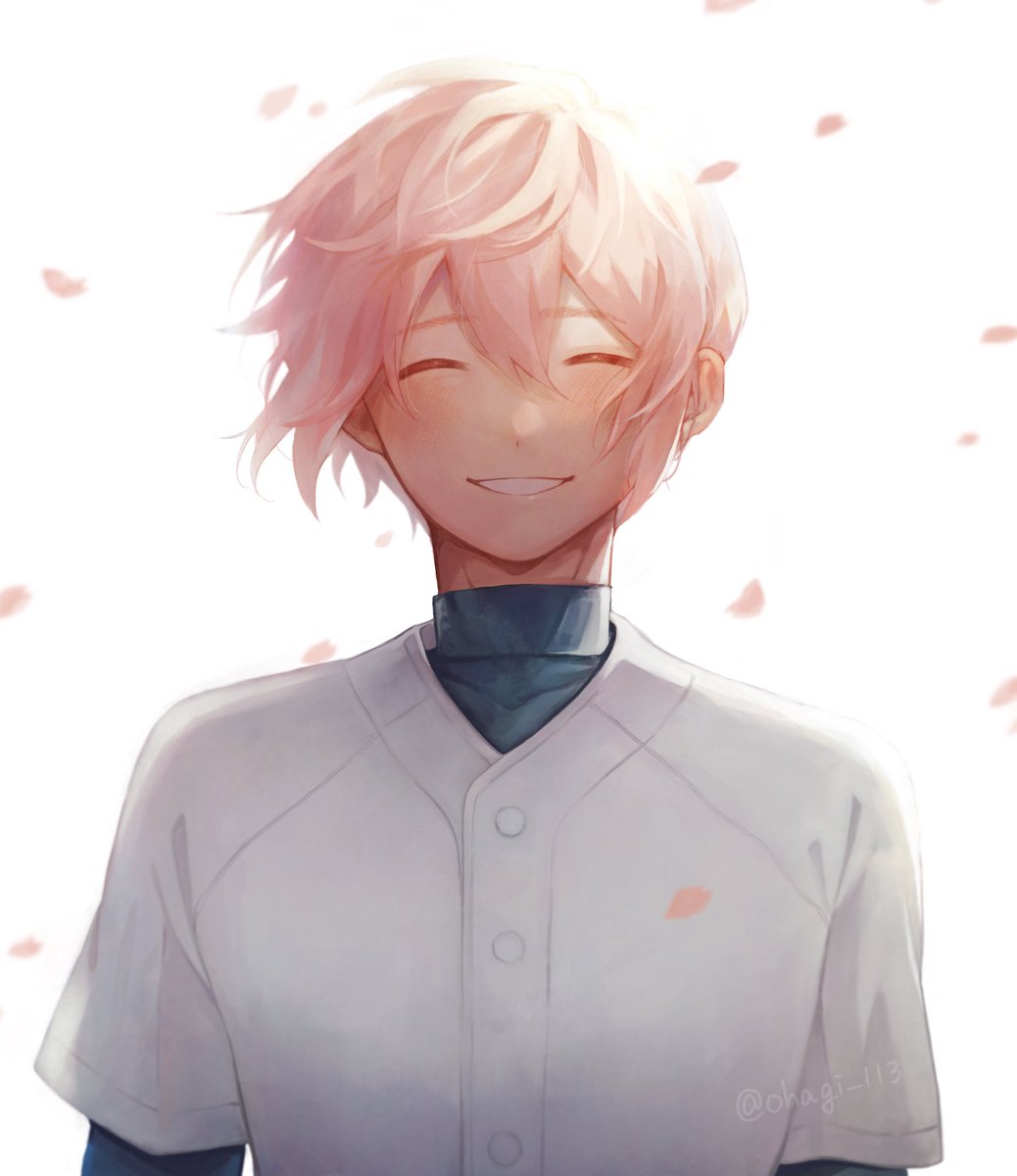 1boy male focus smile solo closed eyes pink hair facing viewer  illustration images