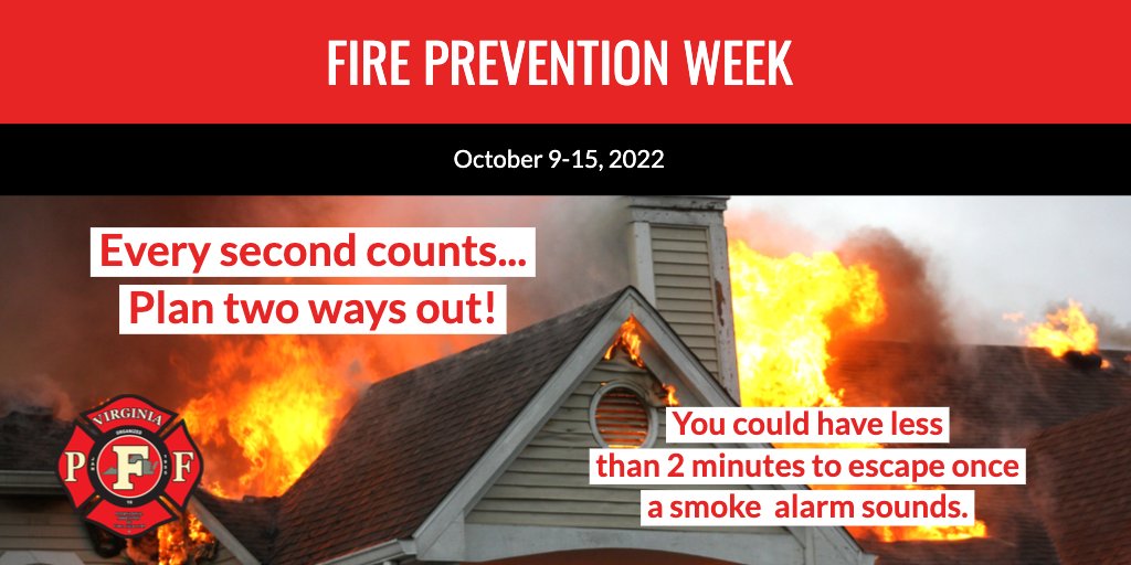 TheVaPFF's tweet photo. Plan two ways out of all areas of your home in case of fire. You could have less than 2 minutes to escape once a smoke alarm sounds, so it's important to practice with all family members, especially children. And once you have exited your home due to fire, don't go back in. https://t.co/oB04Xq5ETb