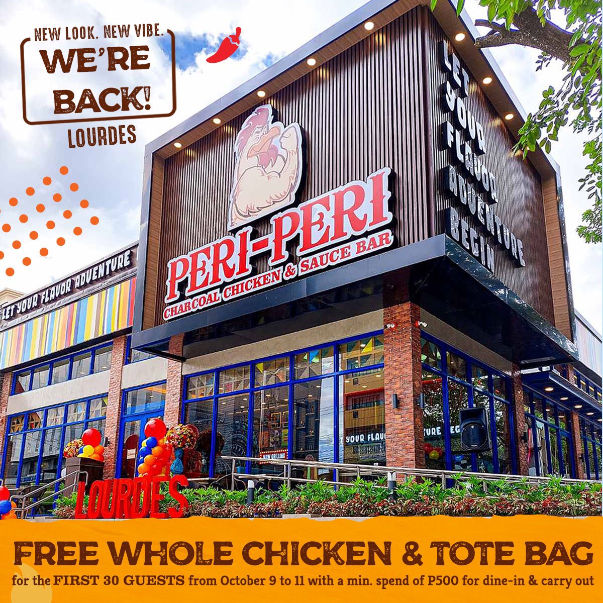 pericharcoalph's tweet photo. We’re back! Check out our new look in #PeriPeriLourdes ♥️
Dine with us and get a FREE WHOLE CHICKEN and TOTE BAG exclusive to our the first 30 guests from October 9 to 11 with a min. spend of P500 for dine-in and carry out 😉

#LetYourFlavorAdventureBegin
#PeriPeriCharcoalChicken https://t.co/64mZCeKlnf