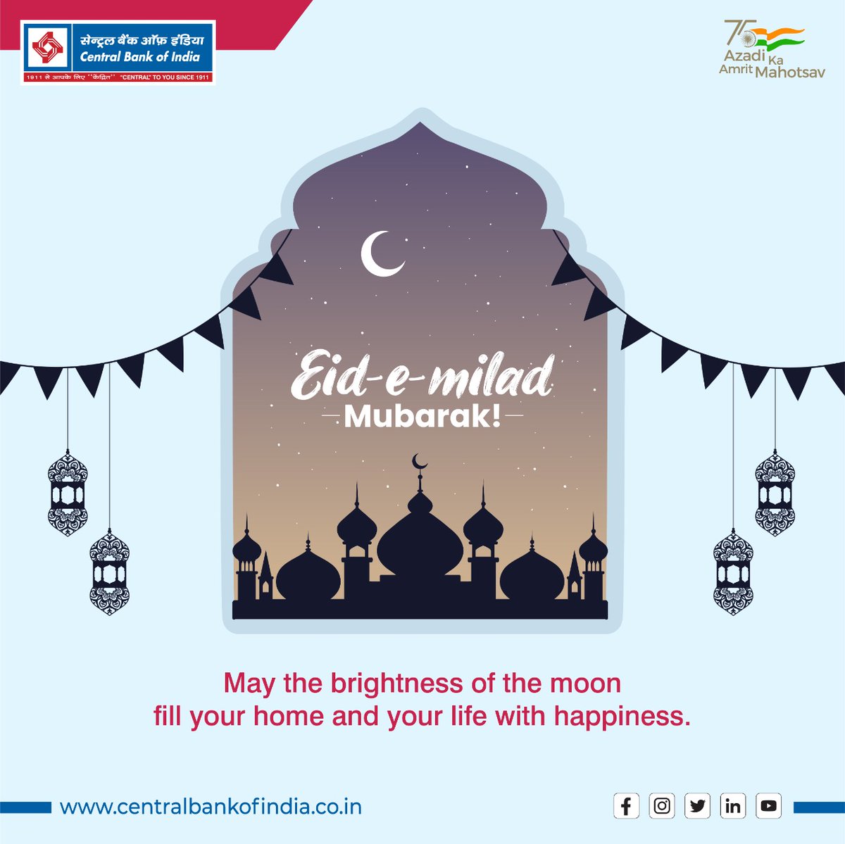 centralbank_in's tweet photo. Let there be peace and prosperity all around. Eid-e-milad Mubarak!

 #EidMiladUnNabhi  
#AmritMahotsav
#AzadiKaAmritMahotsav
#CentralToYouSince1911 https://t.co/gxcRrVWOEl