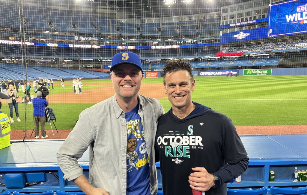 landonhowell's tweet photo. Getting covered in beer by Matt Boyd and Ty France. 

Hanging out with the best GM in baseball. 

Go @Mariners https://t.co/2ELfYCce8e