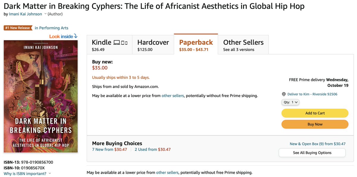 🌟We're thrilled to announce the publication of <a href="/UCRiverside/">UC Riverside</a> Associate Professor Imani Kai Johnson's book, Dark Matter in Breaking Cyphers: The Life of Africanist Aesthetics in Global Hip Hop.

global.oup.com/academic/produ…

BONUS: it's #1 in new releases on Amazon! 🔥🔥🔥