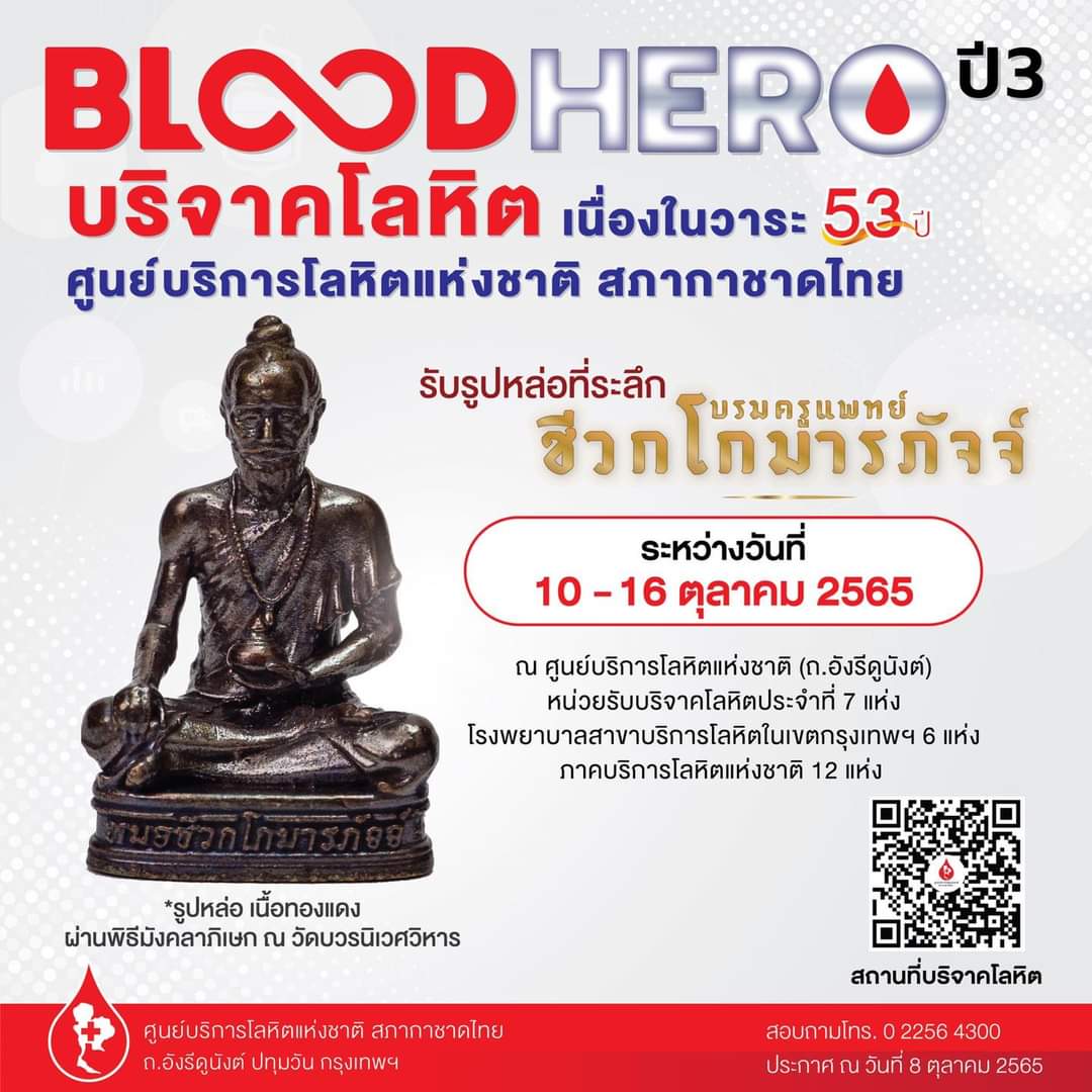ThaiRedCross's tweet photo. ร่วมฉลองครบรอบ 53 ปี #ศูนย์บริการโลหิตแห่งชาติ #สภากาชาดไทย #บริจาคโลหิต ระหว่างวันที่ 10 – 16 ต.ค. 65

รับรูปหล่อ #บรมครูแพทย์ชีวกโกมาจภัจจ์ เสริมมงคลชีวิต ให้สุขภาพดี เป็นที่ระลึก
#บริจาค
#บริจาคเลือด
#BloodDonation
#BloodDonate
#หนึ่งคนให้หลายคนรับ
#ทำบุญ https://t.co/9VToJ6tbka