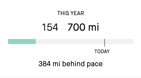 screenshot of my running for the year: 154 of 700 miles. 384 miles behind pace.