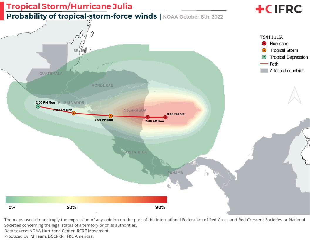 Probability of winds caused by Hurricane Julia in the affected countries of Central America. 

Flash floods and mudslides from heavy rain are possible in the upcoming days in the region.